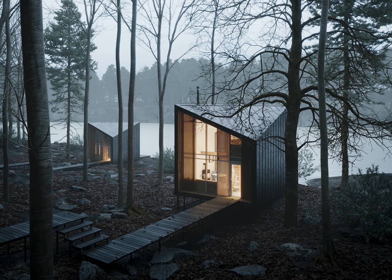 A building in a forest.